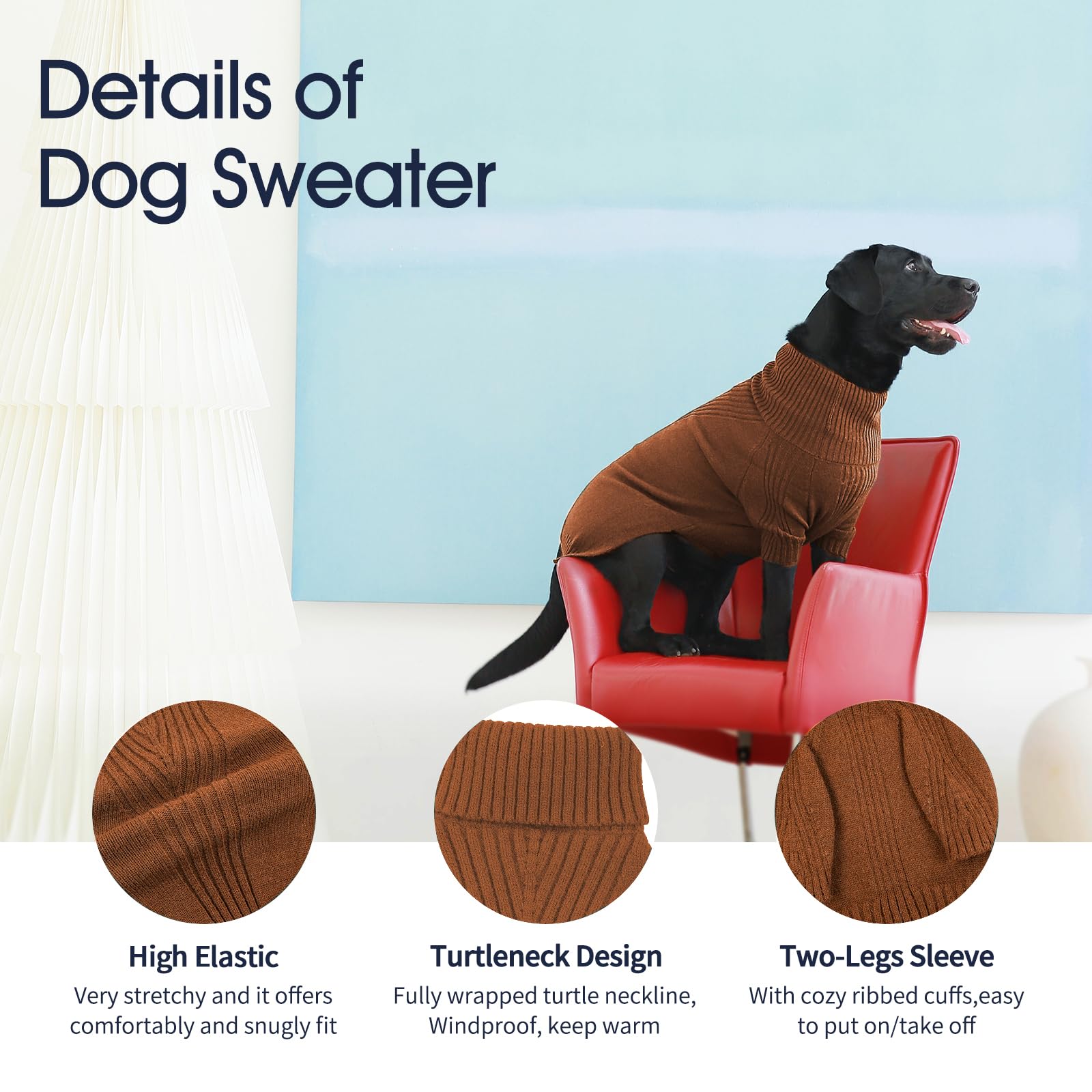Iecoii Large Dog Sweater, Pet Sweaters For Large Dogs, Thanksgiving Fall Sweatshirt, Turtleneck Thick Warm Girl Knitwear, Winter